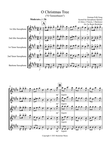 O Christmas Tree (G) (Saxophone Quintet - 2 Alto, 2 Tenor, 1 Bari) (arr. Regis Bookshar)