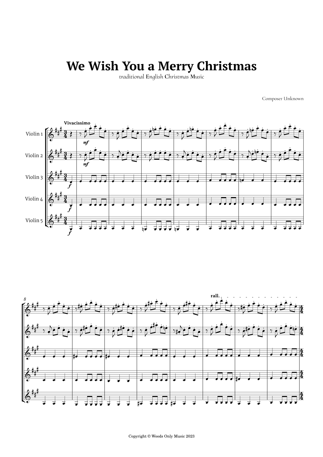 We Wish You a Merry Christmas for Violin Quintet (arr. Ander)