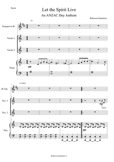 Let the Spirit Live (New! ANZAC Day Anthem for young voices 2-part, piano and beginner Bb Trumpet)