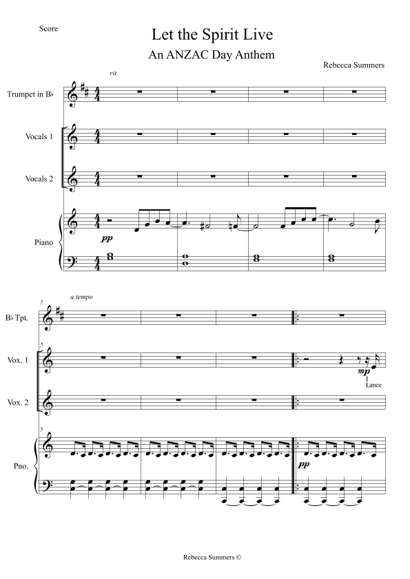 Let the Spirit Live (New! ANZAC Day Anthem for young voices 2-part, piano and beginner Bb Trumpet)