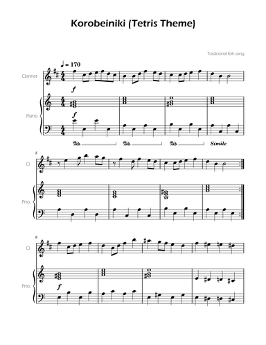 Tetris Theme for Clarinet and Piano (arr. Ygor Nunes)