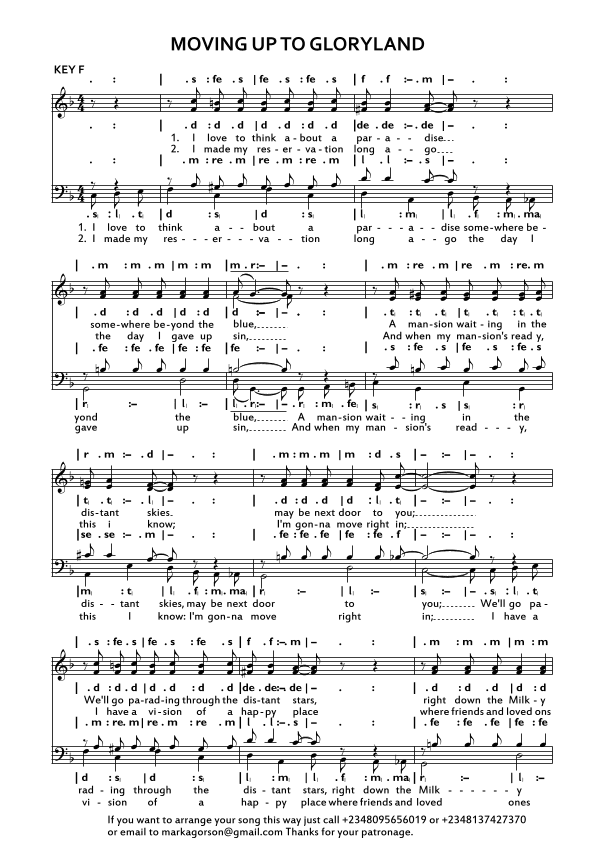 Moving up to gloryland (arr. Unknown)