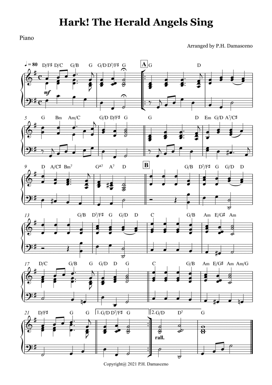 Hark! The Herald Angels Sing - Piano Solo with Chords. Christmas music (arr. P.H. Damasceno)