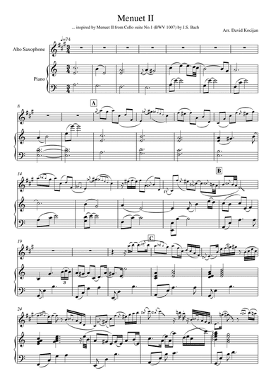 Menuet II from Cello suite No.1 (alto sax & piano) (arr. David Kocijan)