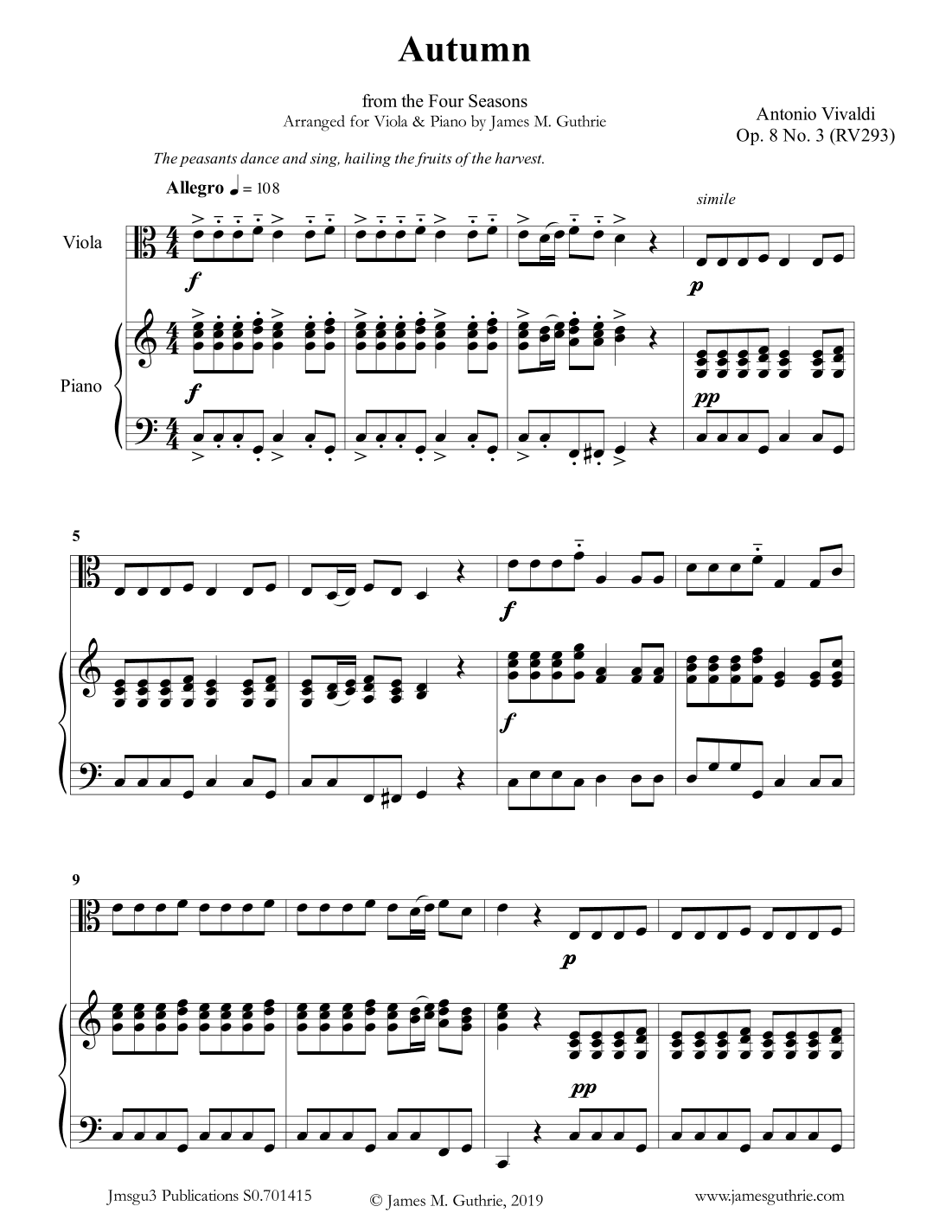 Vivaldi: Autumn from the Four Seasons for Viola & Piano (arr. James M. Guthrie, ASCAP)