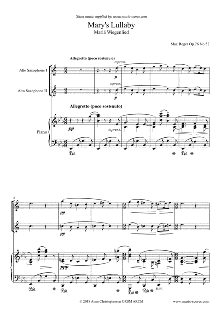 Mary's Lullaby, or Maria Wiegenlied - 2 Alto Saxes and Piano (arr. Anne Christopherson GRSM ARCM)