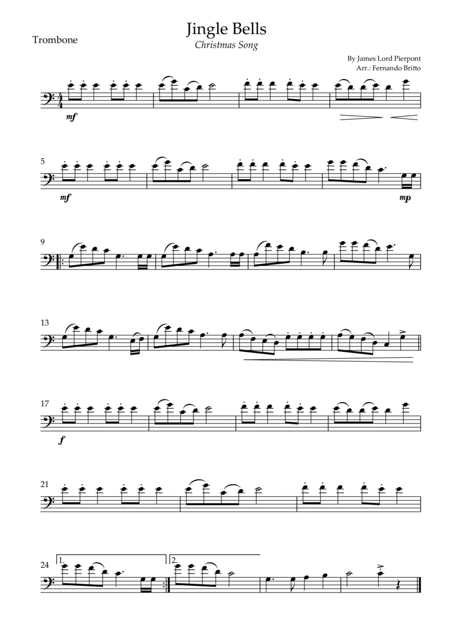 Jingle Bells (Christmas Song) for Trombone Solo (arr. Fernando Britto)