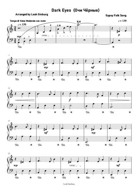 Dark Eyes (Black Eyes, Очи Чёрные) Gypsy Folk Song. Arranged for piano by Leah Ginzburg (arr. Leah Ginzburg)