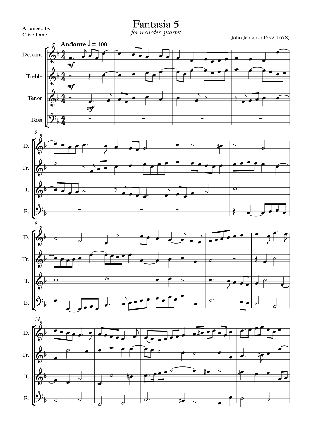 Jenkins Fantasia 5 for recorder quartet (arr. Clive Lane)