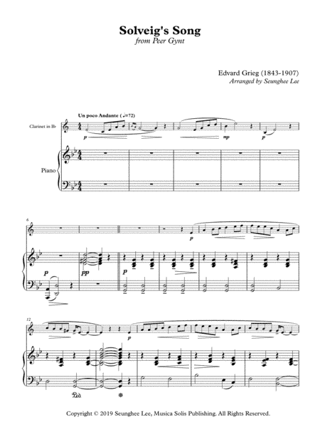 Edvard Grieg: Solveig's Song for Clarinet and Piano (arr. Seunghee Lee)