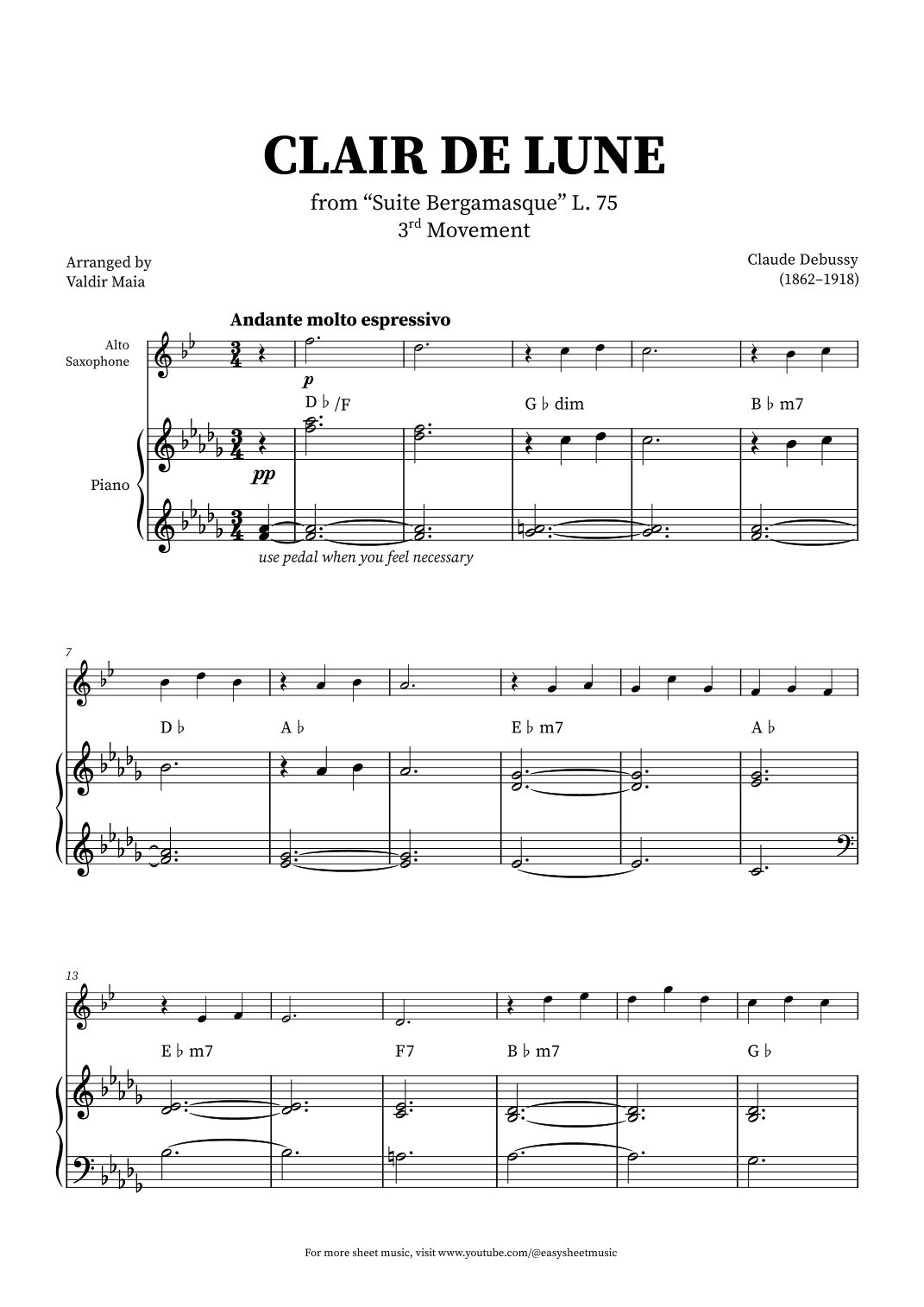 Clair de Lune - Alto Sax and Piano + CHORDS (arr. Valdir Maia)