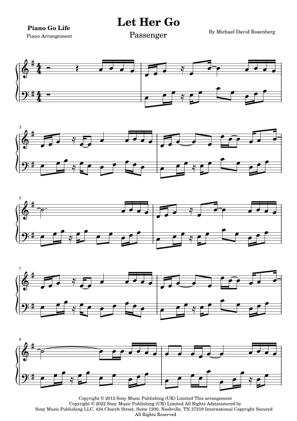 Let Her Go (arr. Piano Go Life)