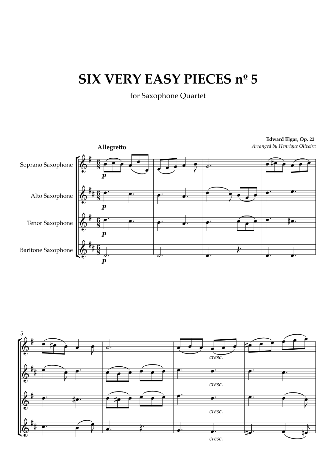 Six Very Easy Pieces nº 5 (Allegretto) - For Saxophone Quartet (arr. Henrique Oliveira)