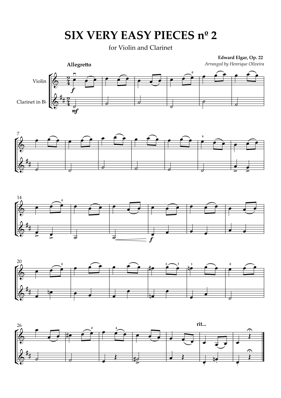 Six Very Easy Pieces nº 2 (Allegretto) - Violin and Clarinet (arr. Henrique Oliveira)