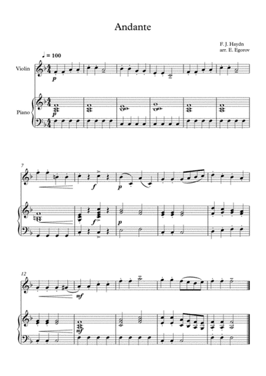 Andante (Surprise Symphony), Franz Joseph Haydn, For Violin & Piano (arr. Eugene Egorov)