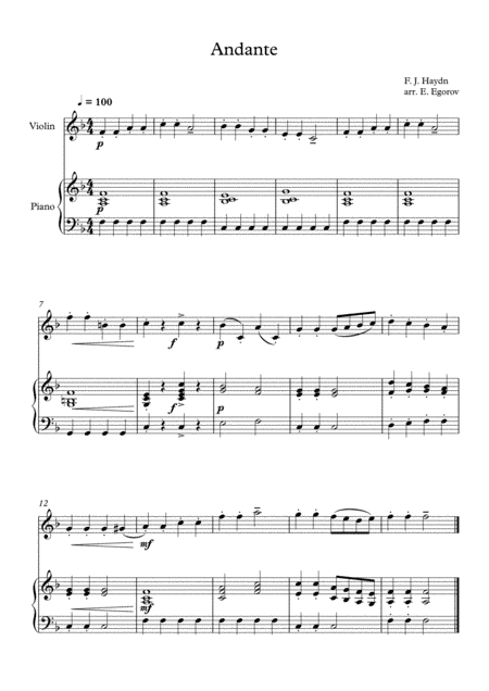 Andante (Surprise Symphony), Franz Joseph Haydn, For Violin & Piano (arr. Eugene Egorov)