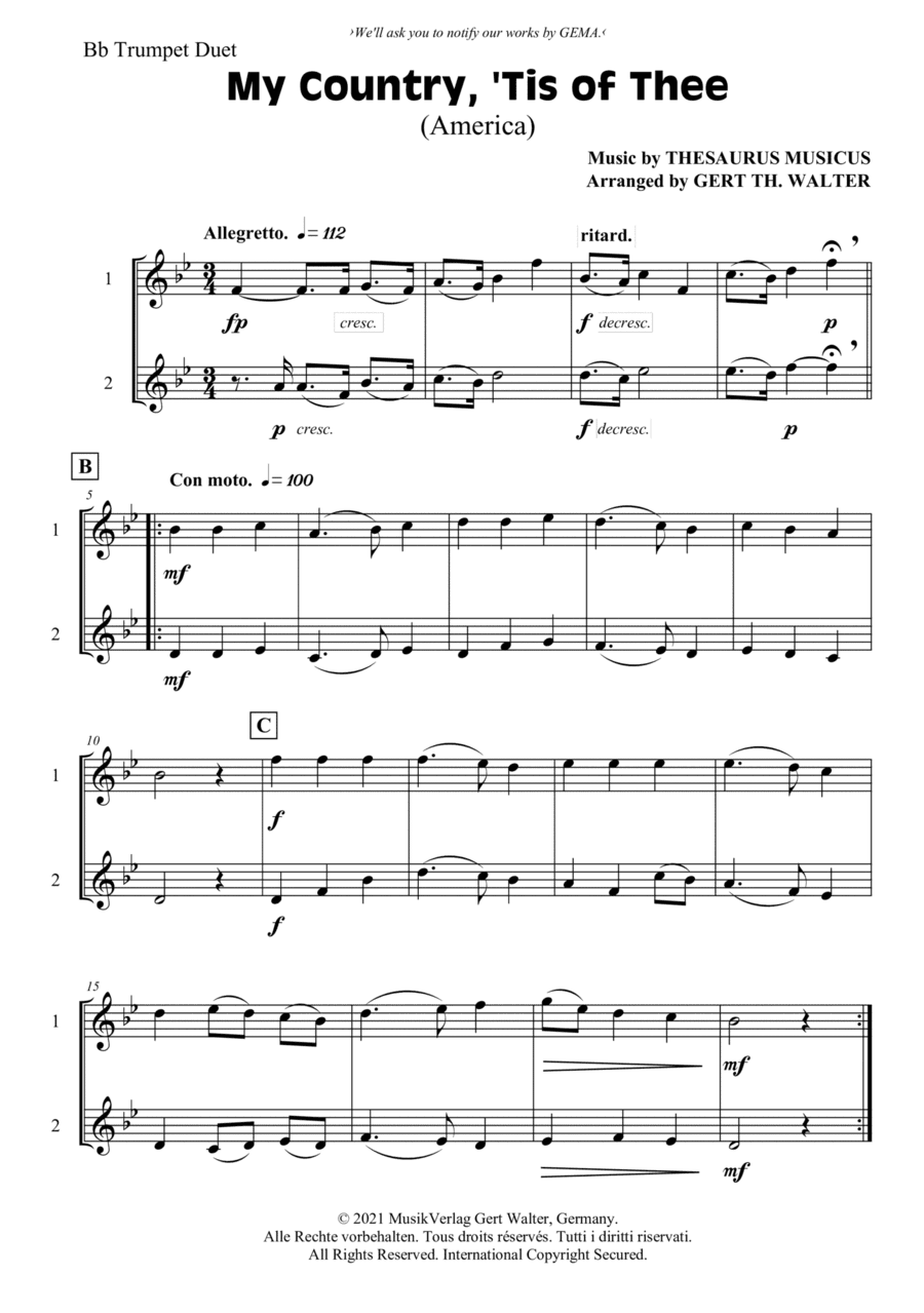 My Country, 'Tis Of Thee (America) (arr. Gert Th. Walter)