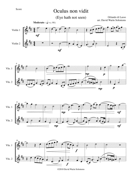 Oculus non vidit (Eye hath not seen) arranged for 2 violins (arr. David Warin Solomons)