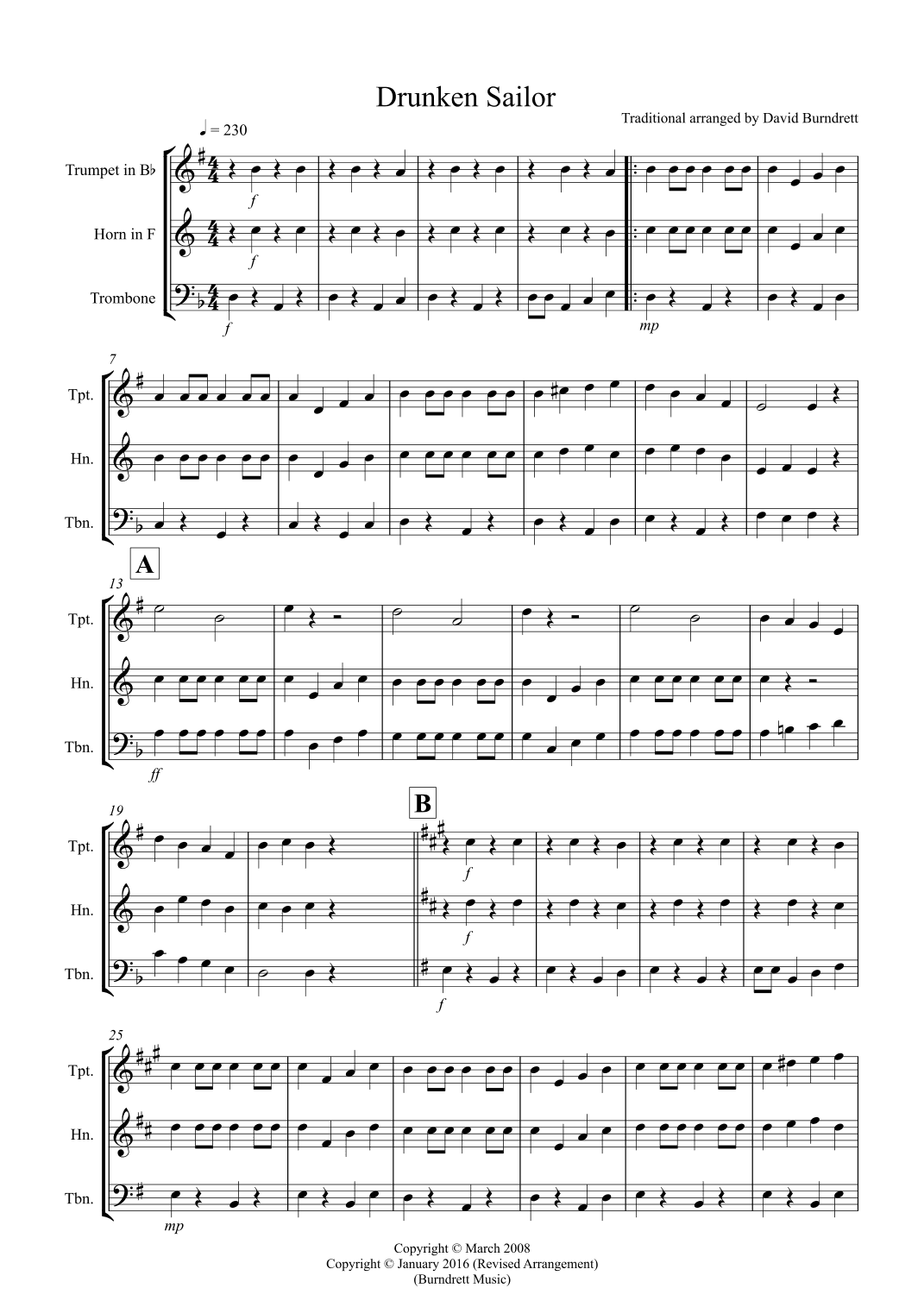 Drunken Sailor for Brass Trio (arr. David Burndrett)