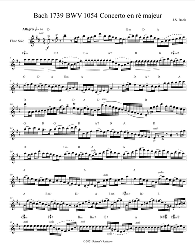 Bach 1739 BWV 1054 For Flute Quartet Parts & Score (arr. Rainer Grant Roth)