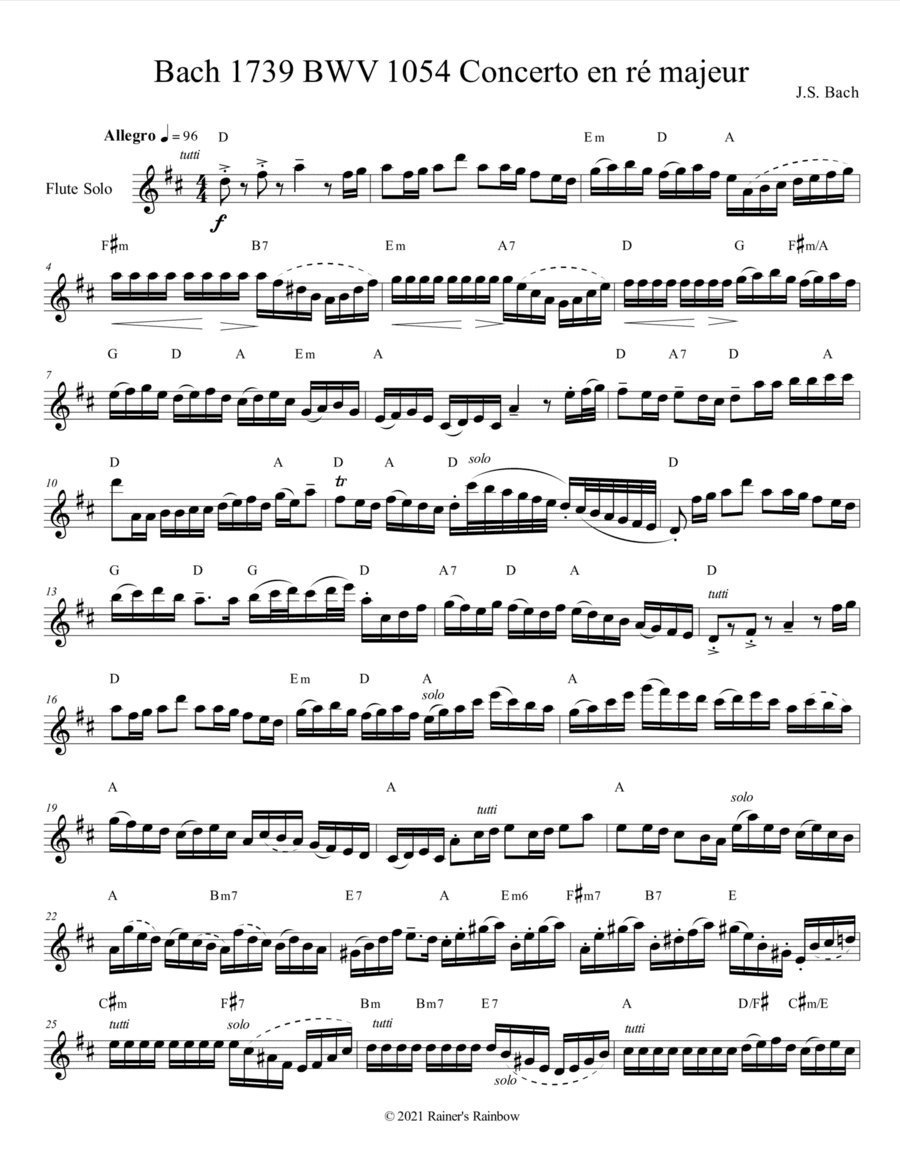 Bach 1739 BWV 1054 For Flute Quartet Parts & Score (arr. Rainer Grant Roth)