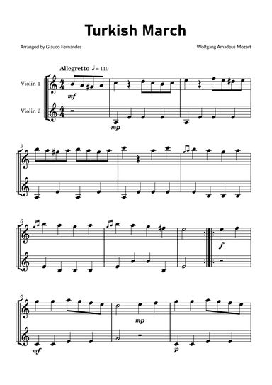Turkish March by Mozart - Violin Duet with Chord Notations (arr. Glauco Fernandes)