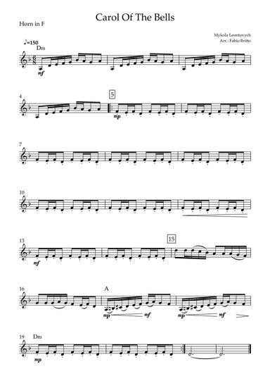 Carol Of The Bells (Mykola Leontovych) for Horn in F Solo with Chords (arr. Fabio Britto)