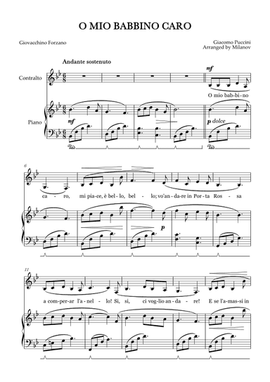 O Mio Babbino Caro | Female Voice Contralto | B-flat Major | Piano accompaniment | Pedal (arr. Milanov)