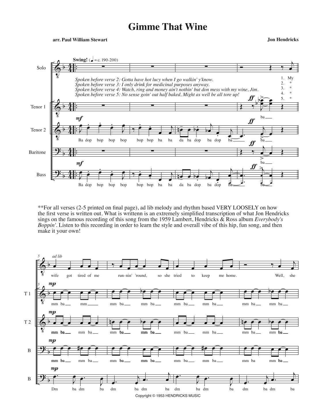 Gimme That Wine (arr. Paul William Stewart)