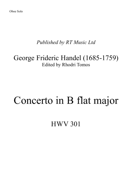 Handel HWV301 Concerto in Bb major - solo sheet music (arr. Rhodri Tomos)