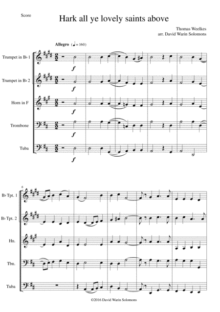 Hark all ye lovely saints above for brass quintet (arr. David Warin Solomons)
