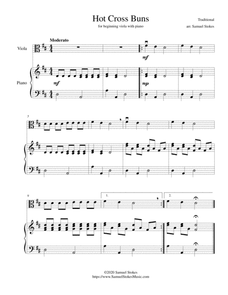 Hot Cross Buns - for beginning viola with optional piano accompaniment (arr. Samuel Stokes)