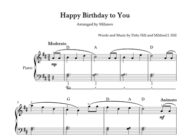 Happy Birthday to You Piano in D Easy Intermediate Chord Fingering Pedal (arr. Milanov)