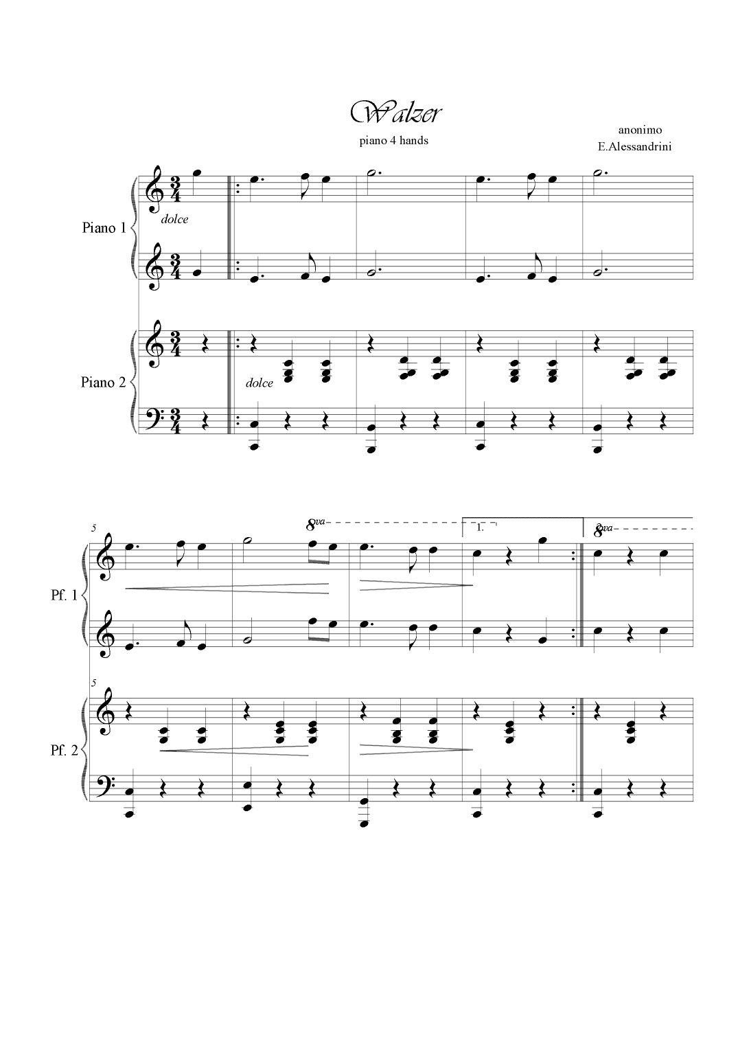 Walzer. Austrian folk song. Piano 4 hands (arr. Ester Alessandrini)