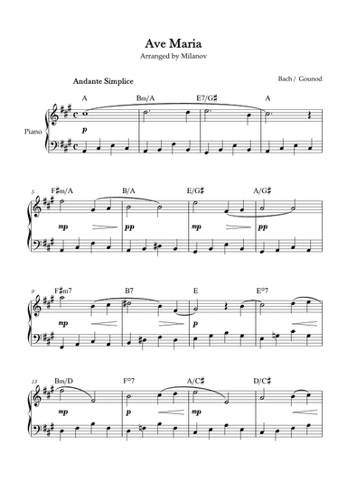 Ave Maria Bach Gounod in A Easy Intermediate Piano Chord (arr. Milanov)