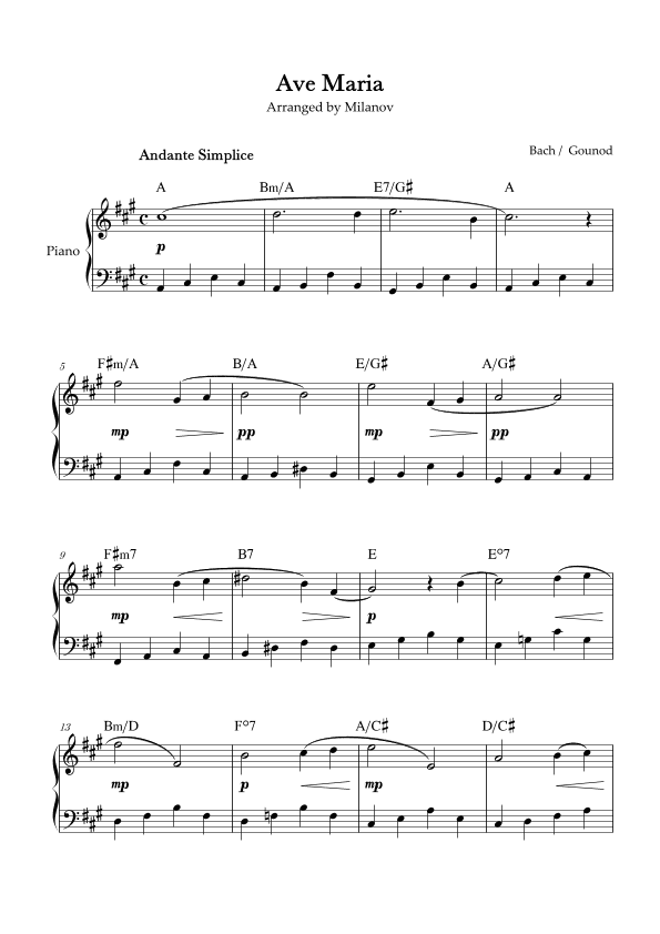 Ave Maria Bach Gounod in A Easy Intermediate Piano Chord (arr. Milanov)