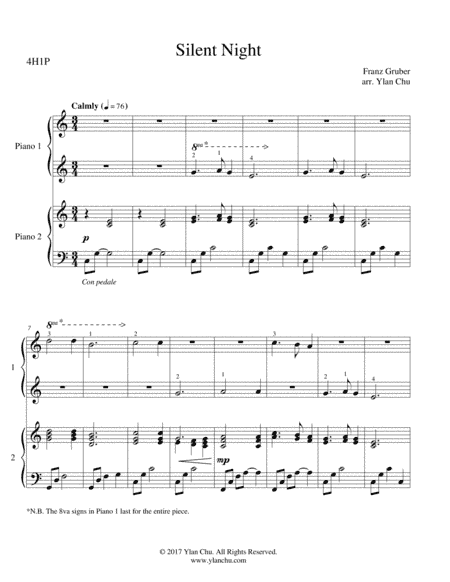 Silent Night (Piano Duet / 5 Finger Easy and Teacher Parts / Piano 4 Hands) (arr. Ylan Chu)