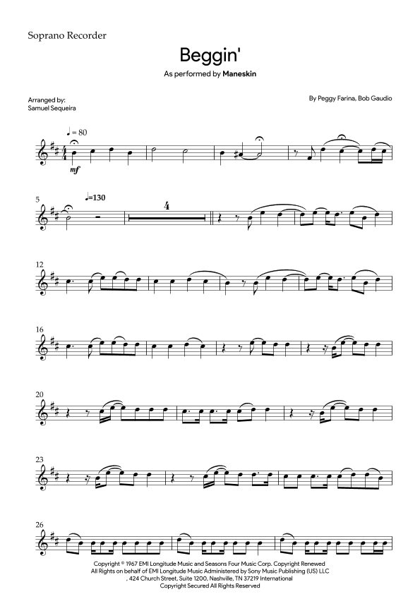 Beggin' (arr. Samuel Sequeira)