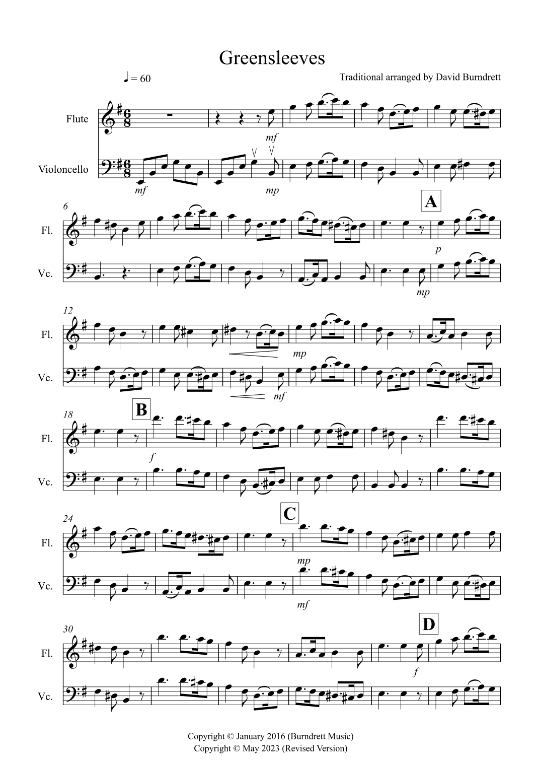Greensleeves for Flute and Cello Duet (arr. David Burndrett)