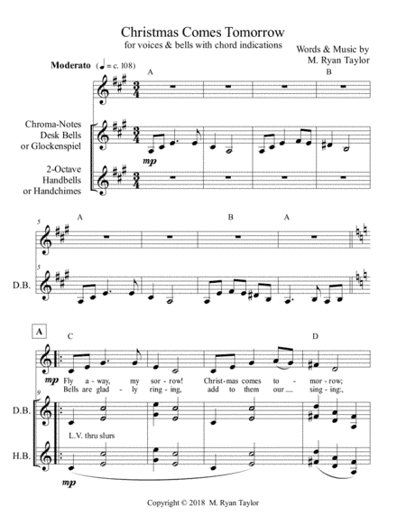 Christmas Comes Tomorrow for SA Choir or Duet and 2-octave Handbells & Glockenspiel or Desk Bells