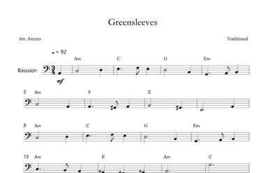 Greensleeves Lead Sheet for Bassoon Chord Symbols (arr. Arezzo Music)