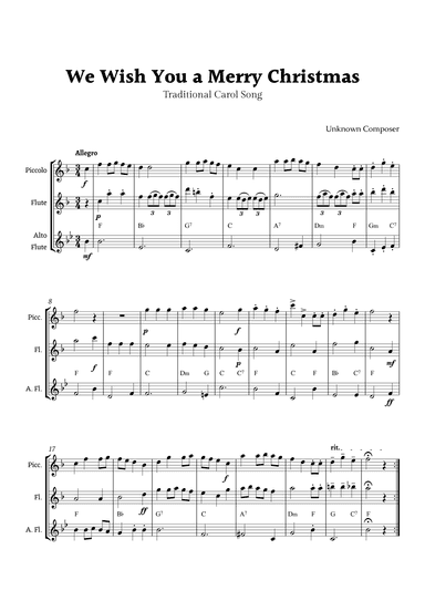 We Wish you a Merry Christmas for Flute Ensemble with Chords (arr. Rika K.)