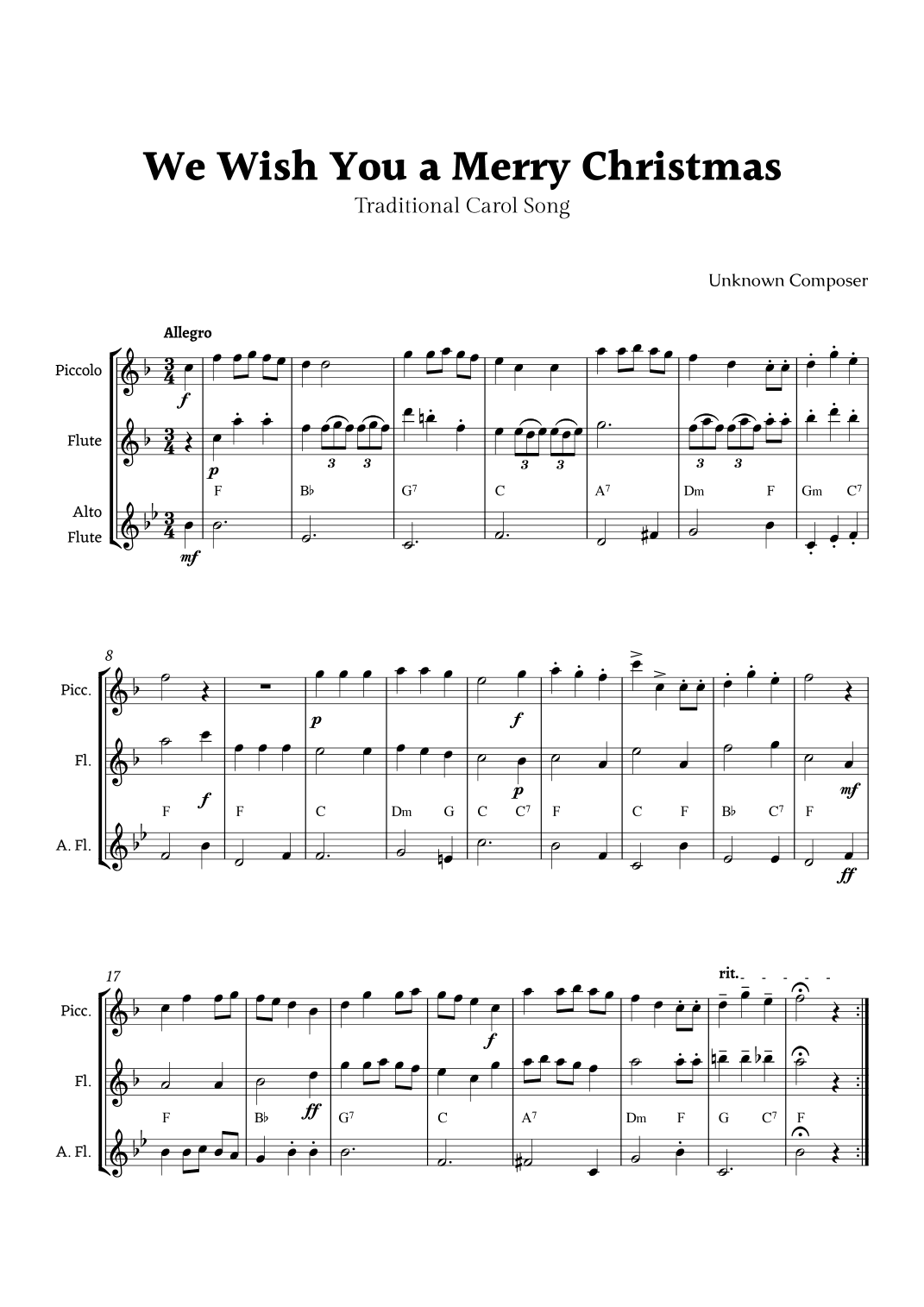 We Wish you a Merry Christmas for Flute Ensemble with Chords (arr. Rika K.)