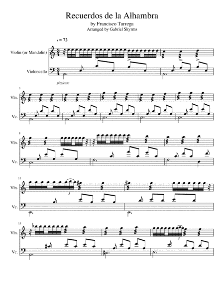 Recuerdos de la Alhambra - F. Tarrega  - For Violin and Cello (arr. Gabriel Skyrms)
