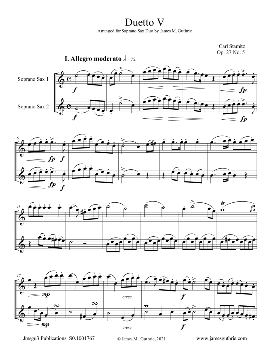 Stamitz: Duet Op. 27 No. 5 for Soprano Sax Duo (arr. James M. Guthrie)