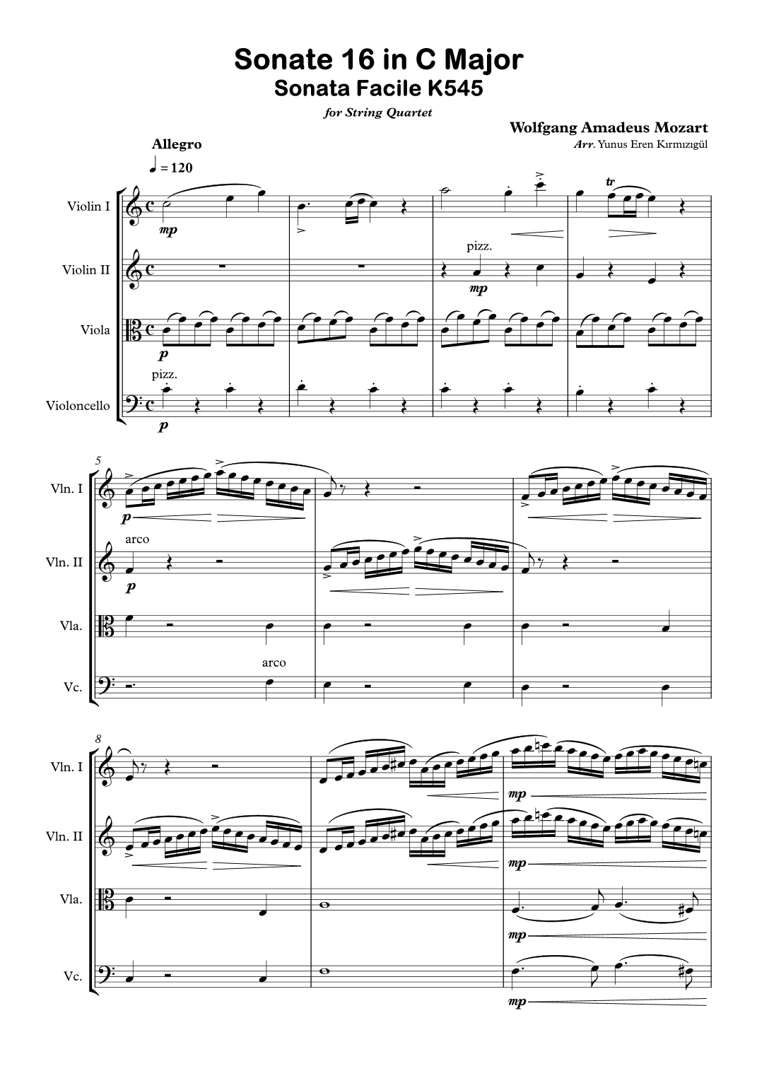 Mozart Sonata No: 16 in C Major for String Quartet (arr. Yunus Eren Kırmızıgül)