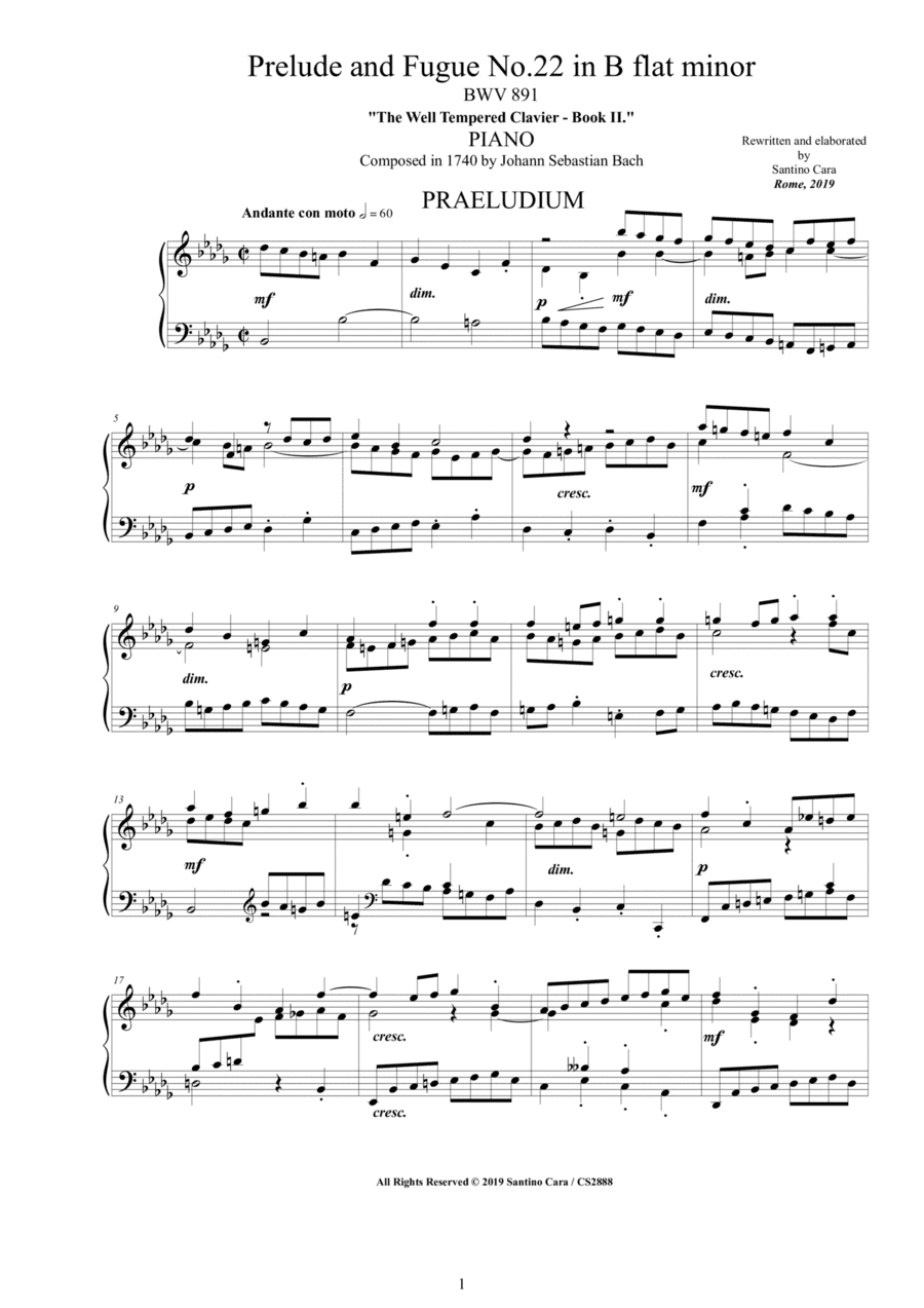Bach - Prelude and Fugue No.22 in B flat minor BWV 891 for Piano (arr. Santino Cara)