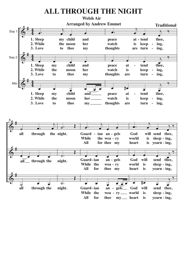 All Through The Night A Cappella SSA (arr. Andrew Emmet)
