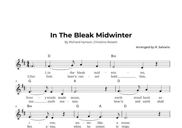 In The Bleak Midwinter (Key of D Major) (arr. R. Salvario)