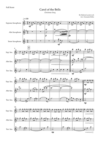 Carol of The Bells - Jazz Version (Christmas Song) for Saxophone Trio (arr. Fabio Britto)
